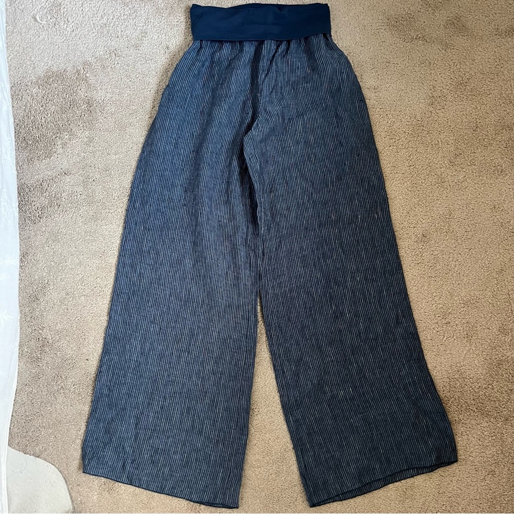 NWOT Margaret O'leary Blue 100% Linen Micro Pin Stripe Flowy Wide Leg Pants